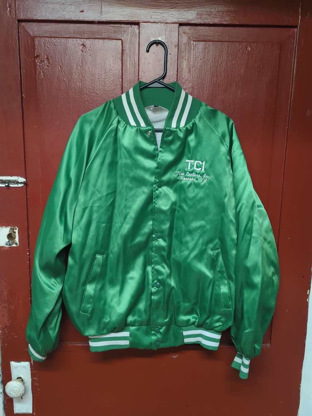 Green Satin Bomber Jacket with White Stripe Trim